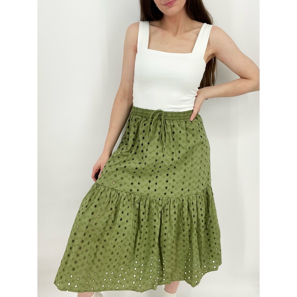 ASOS eyelet tiered broderie midi skirt in moss green US size 8